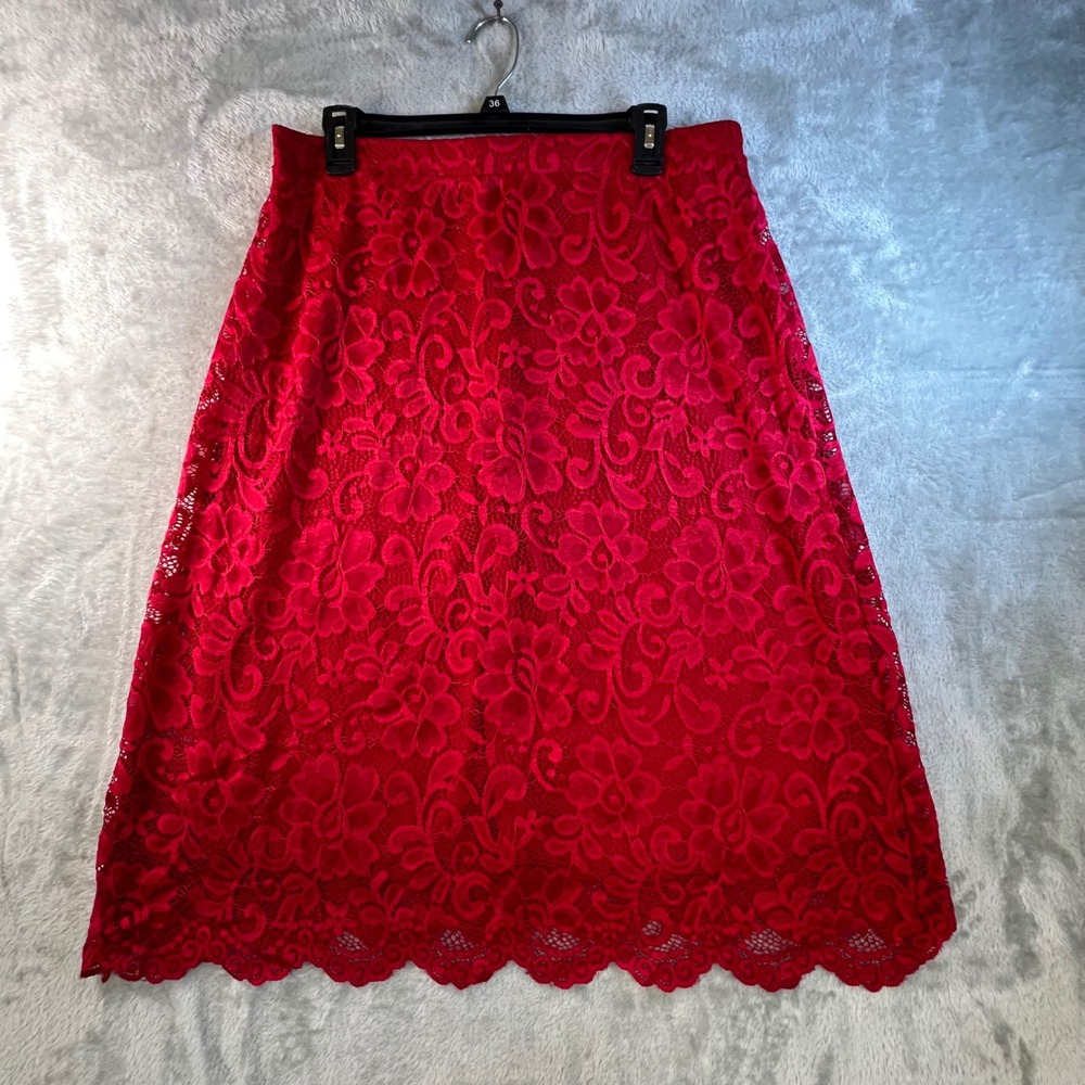 Olivia Blu Red Lace Midi Skirt‎ Floral Pattern Elastic Waist XL